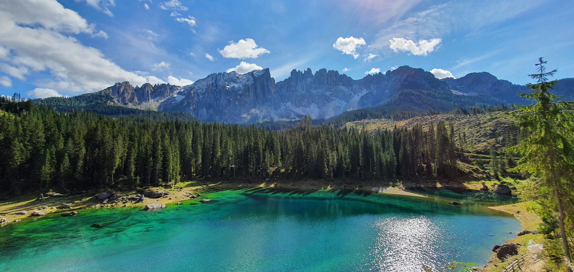 Summery mountain panorama with mountain range, pine forest and turquoise lake