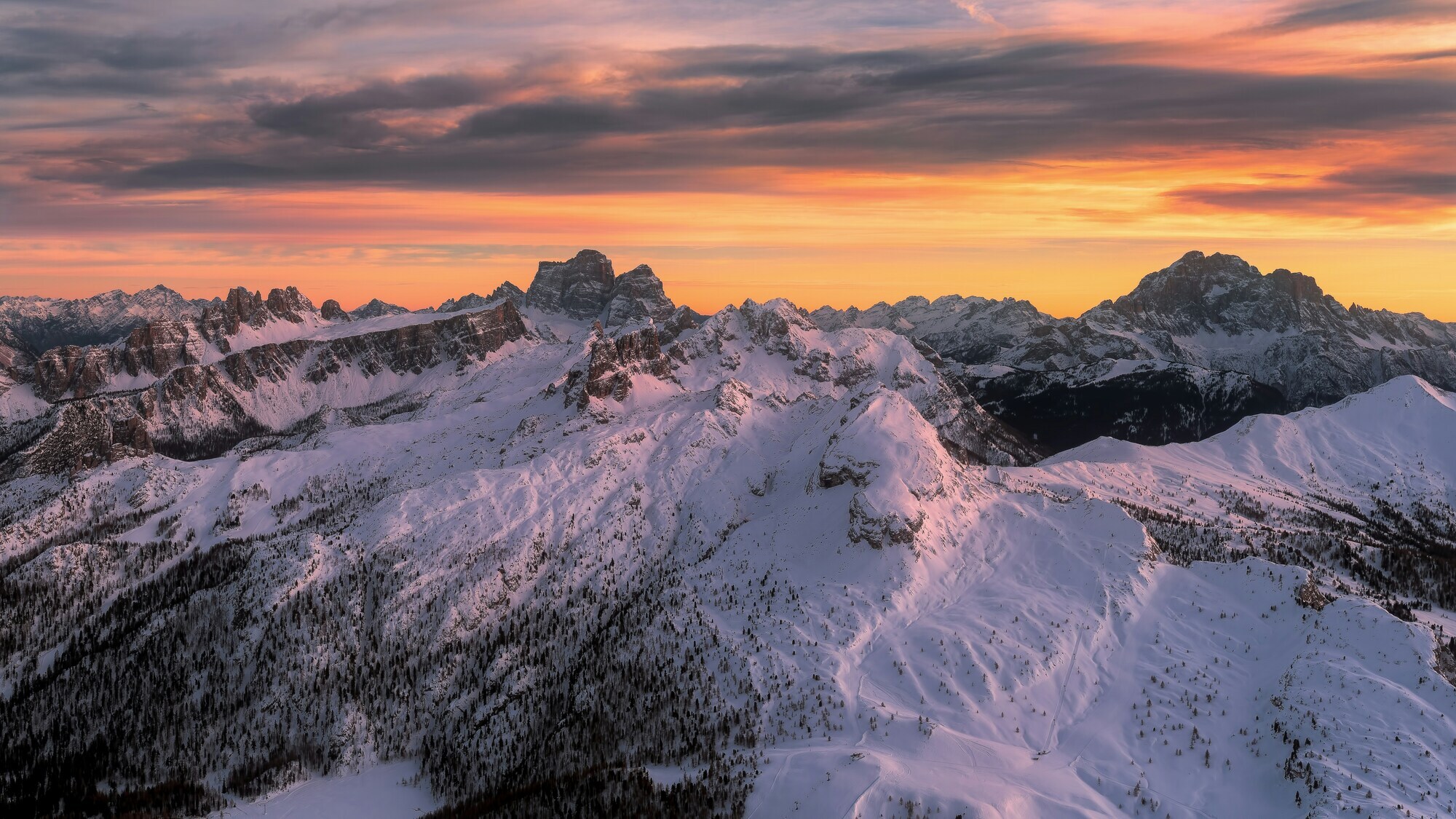 Sky and mountains at sunset in winter