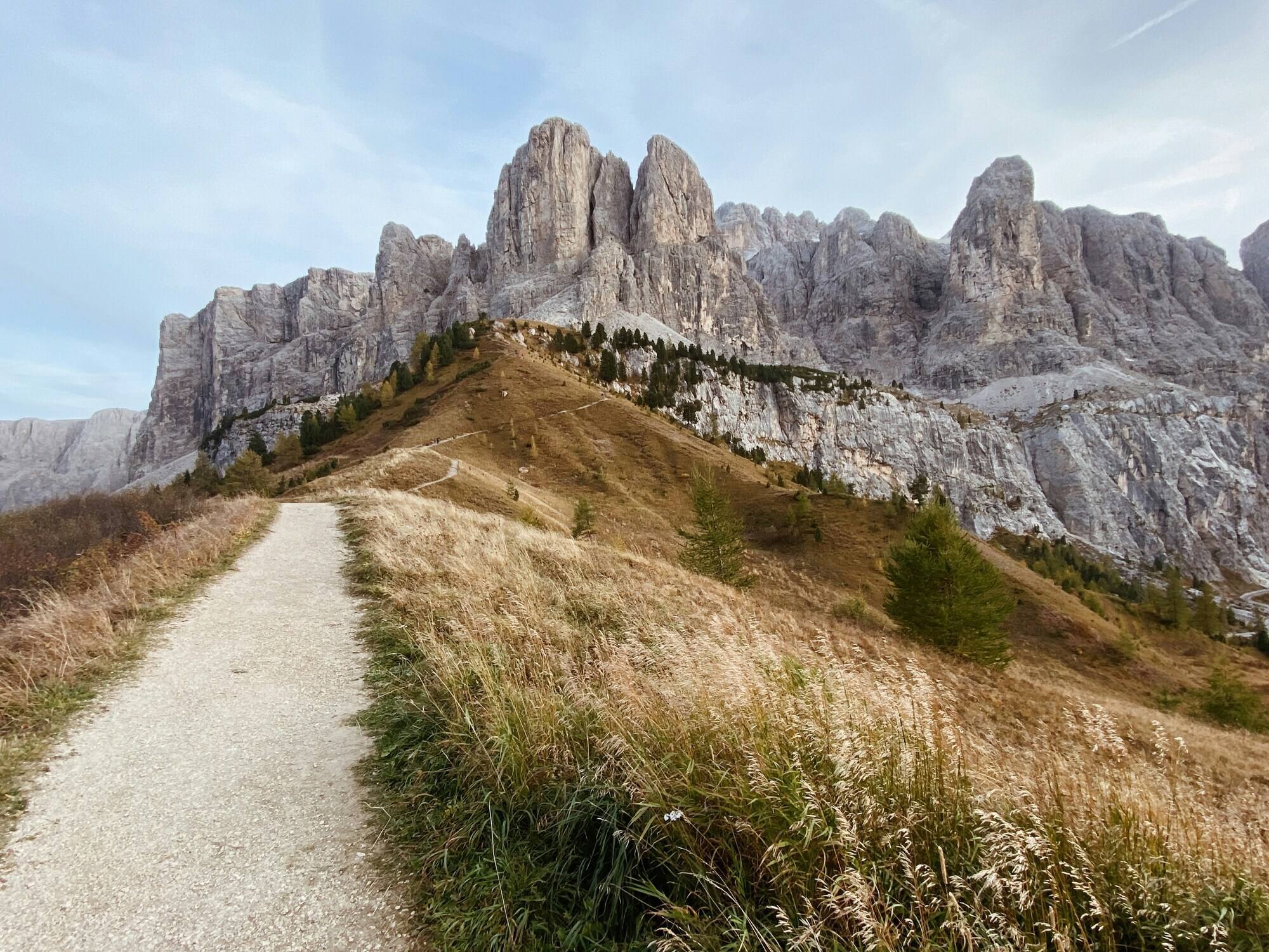 Hiking trail in front of Dolomites peaks