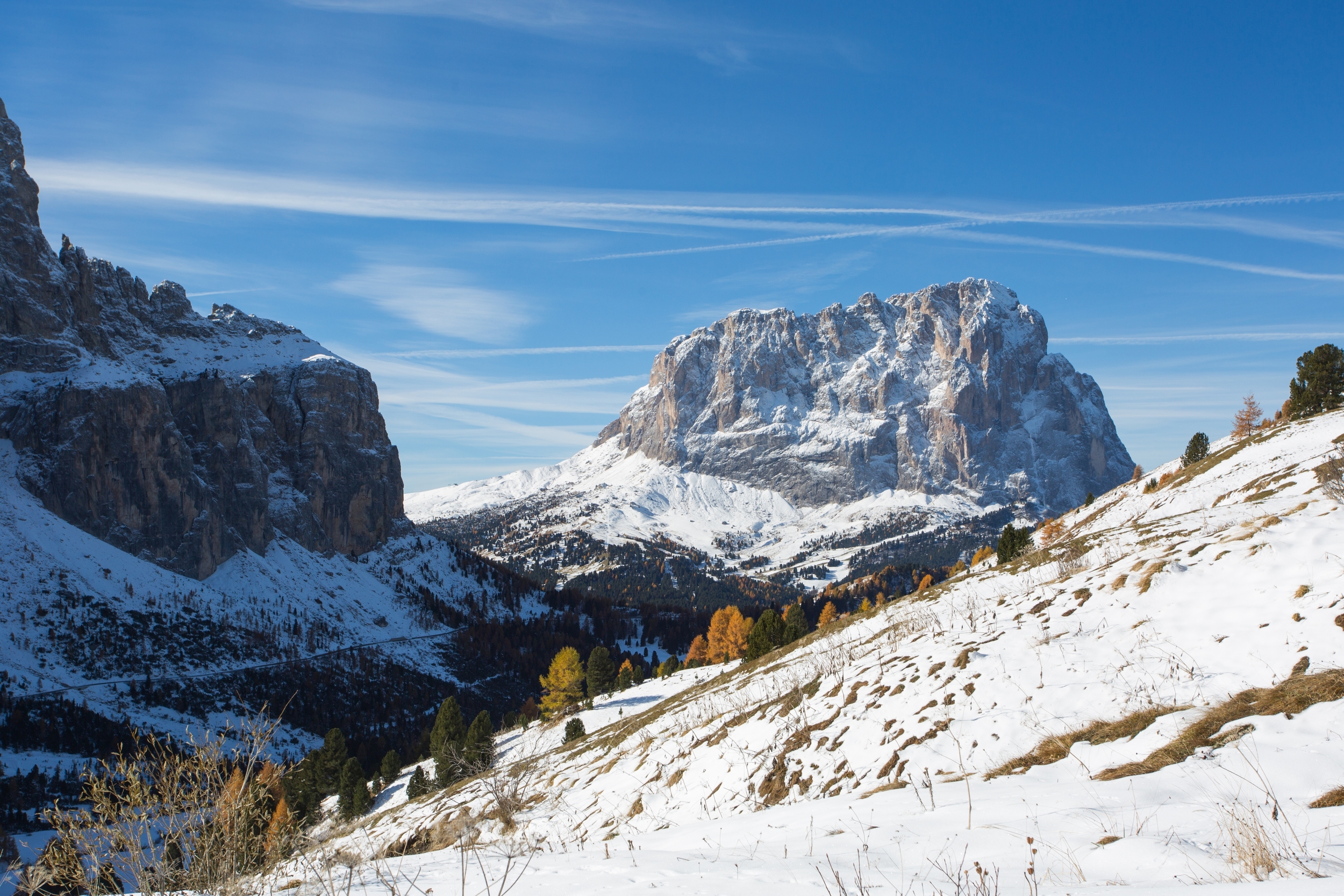 First snow in autumn mountain landscape