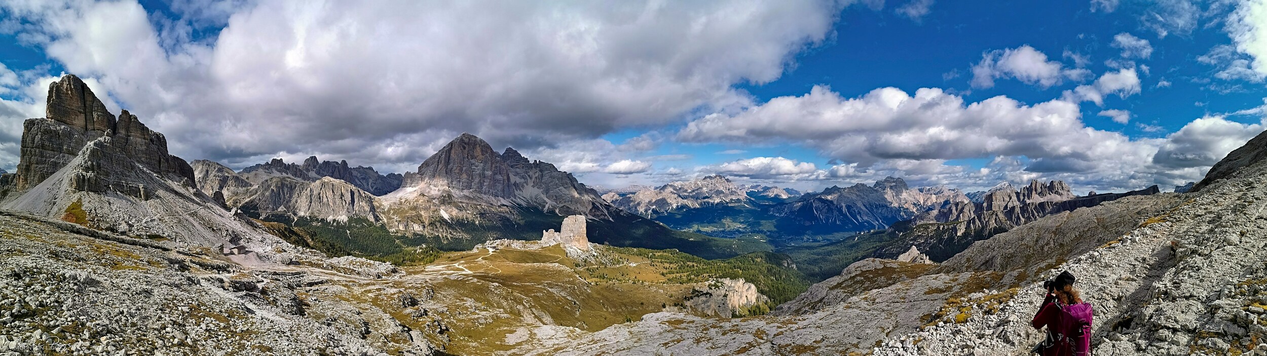 Hiker on a mountain pasture with peaks in the background