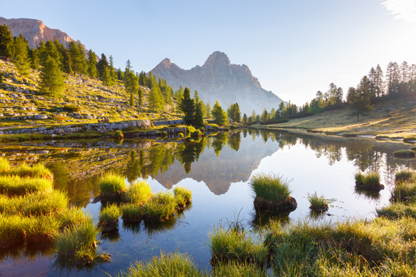 Mountain lake in morning light, mountain reflected in the water