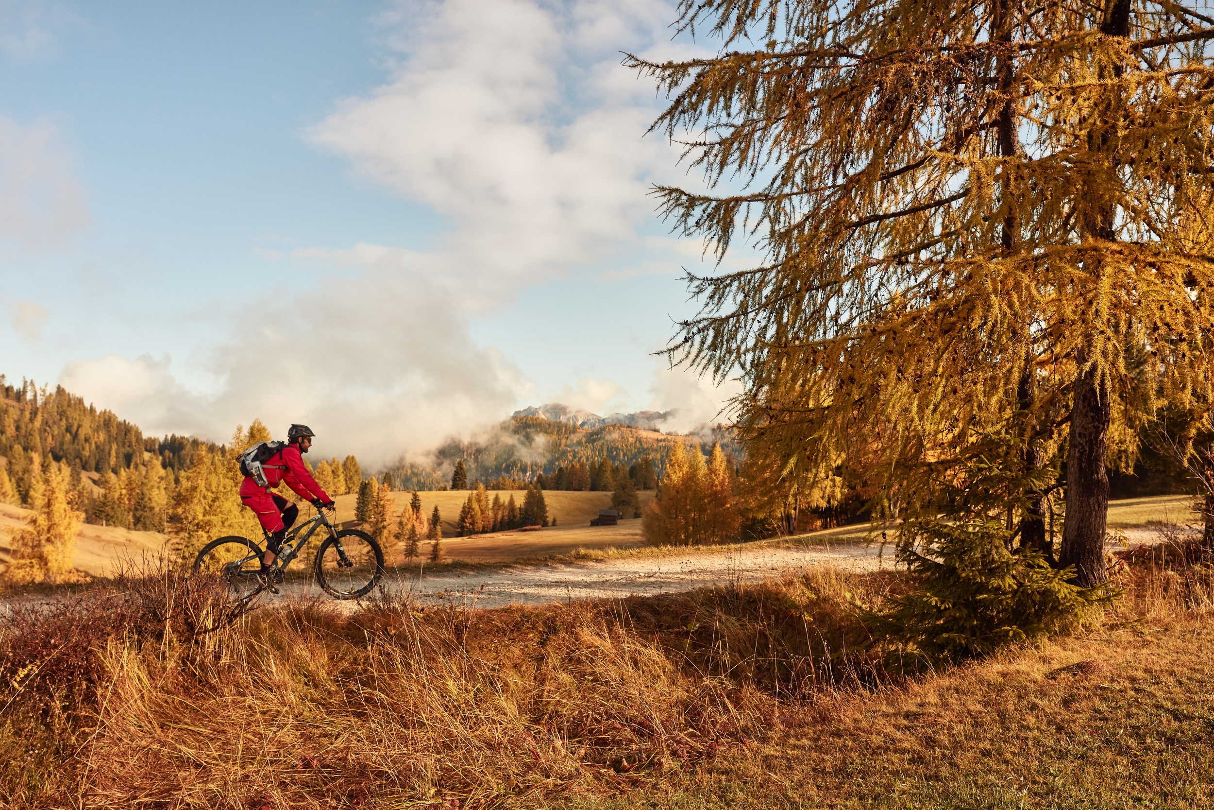 Person riding a mountain bike in the middle of a colorful autumn landscape