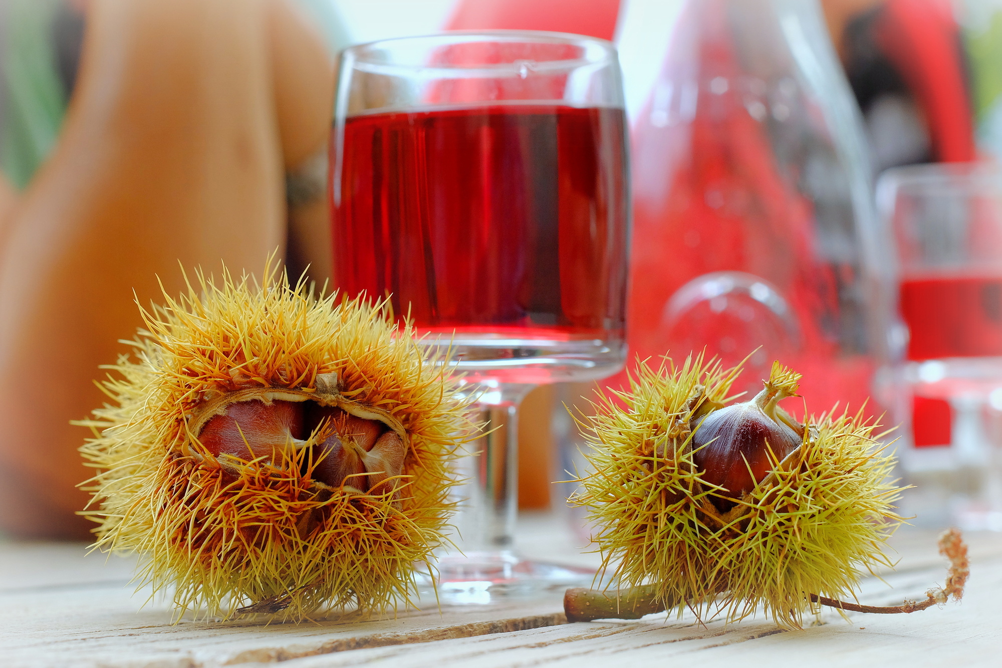 Two chestnuts and a glass of new, red wine