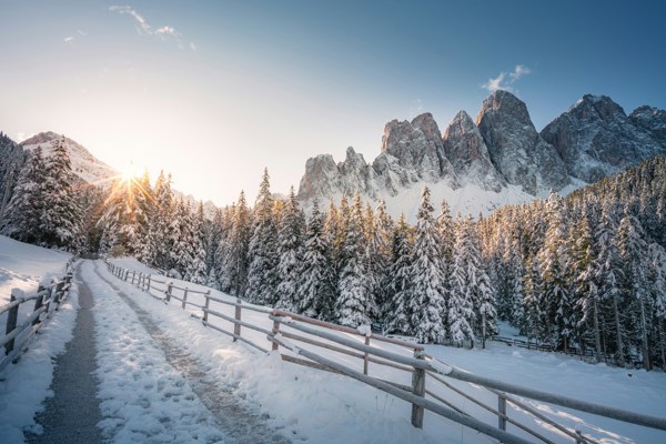 Walking path with fence, snow-covered mountains