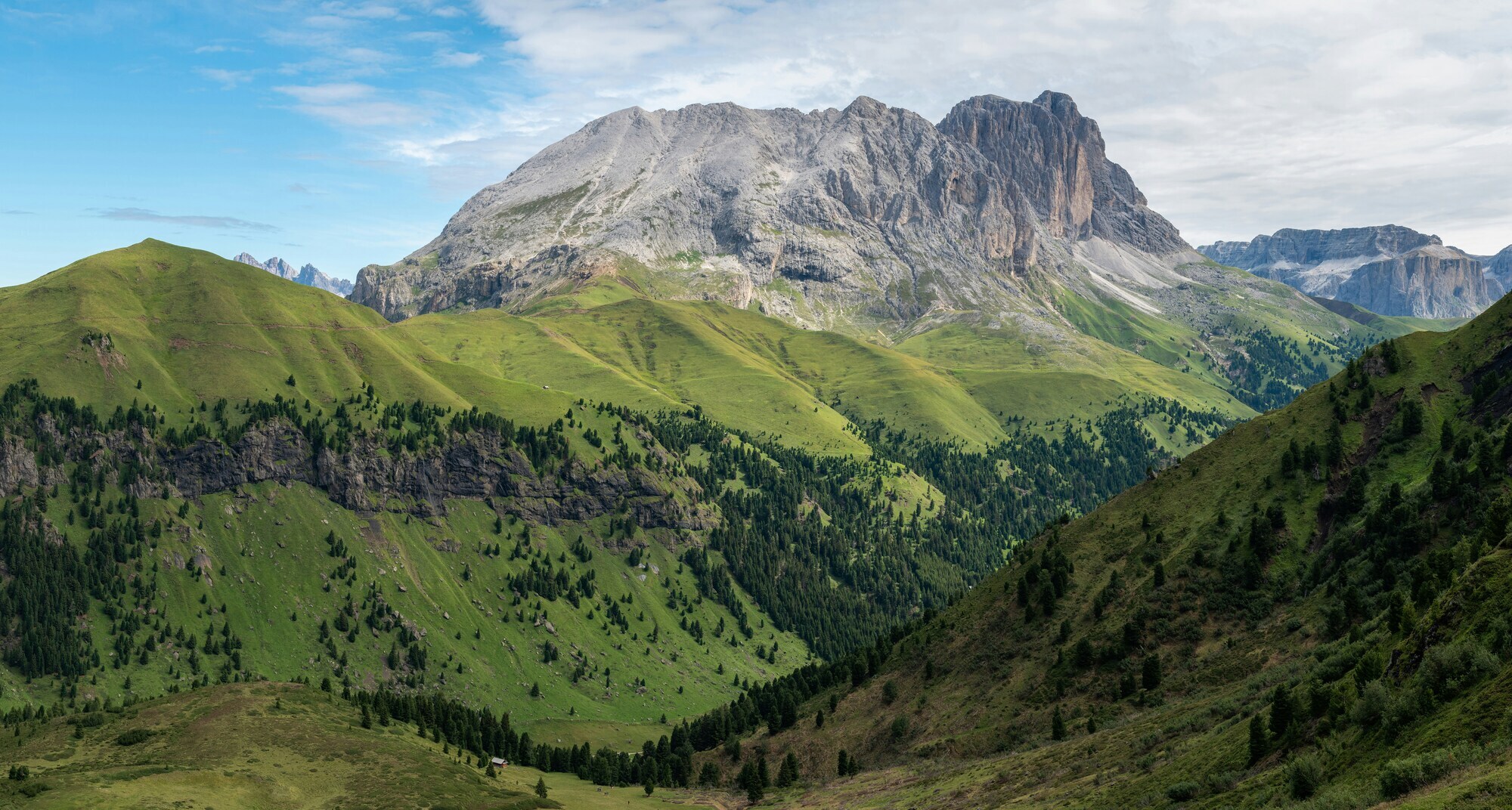 Pale mountains over a green valley with meadows and woods