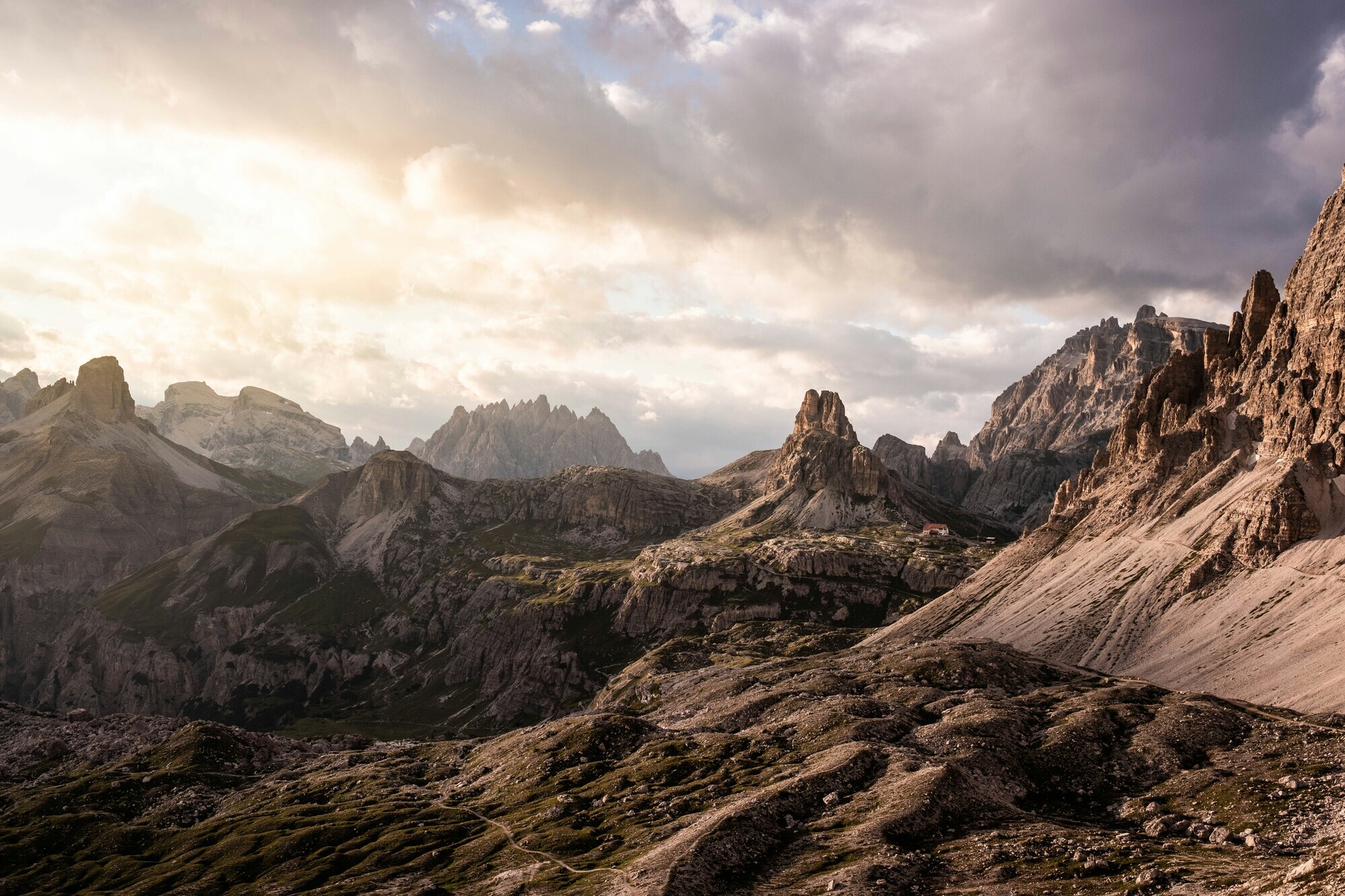 Mountain landscape at sunset with rugged peaks