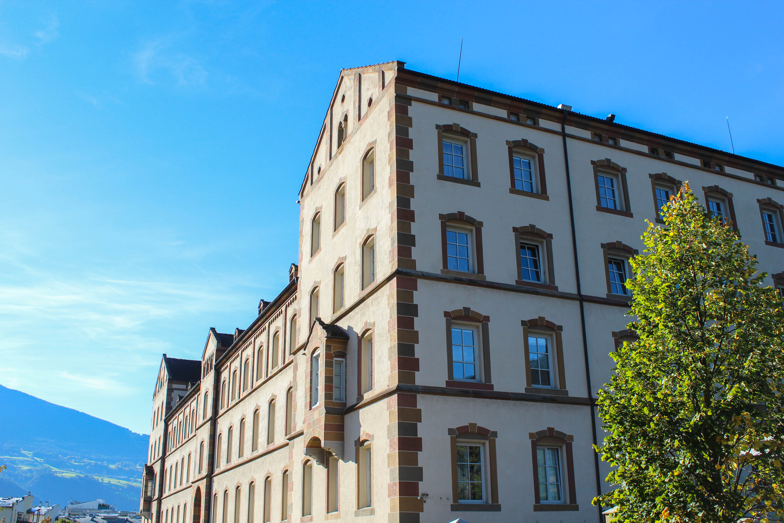 House facade with many windows framed in green and a blue sky