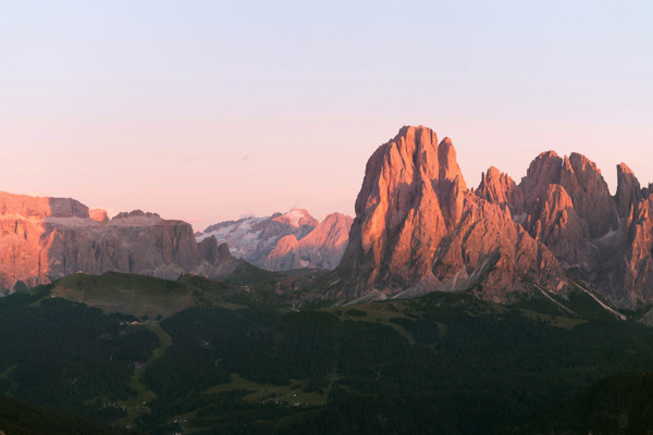 Red-coloured mountains with clear evening sky