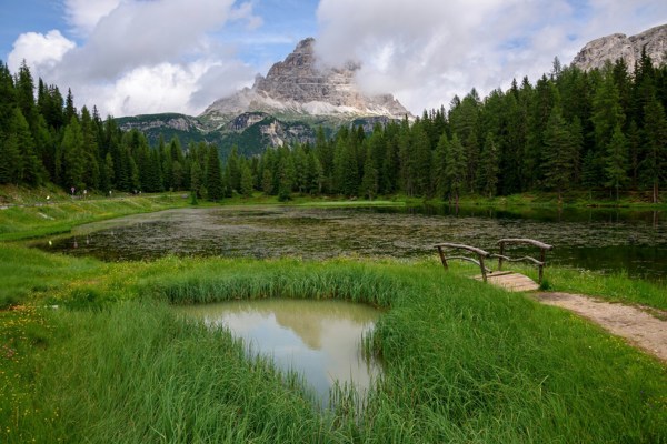 Mountain lake with a small bridge and green meadow