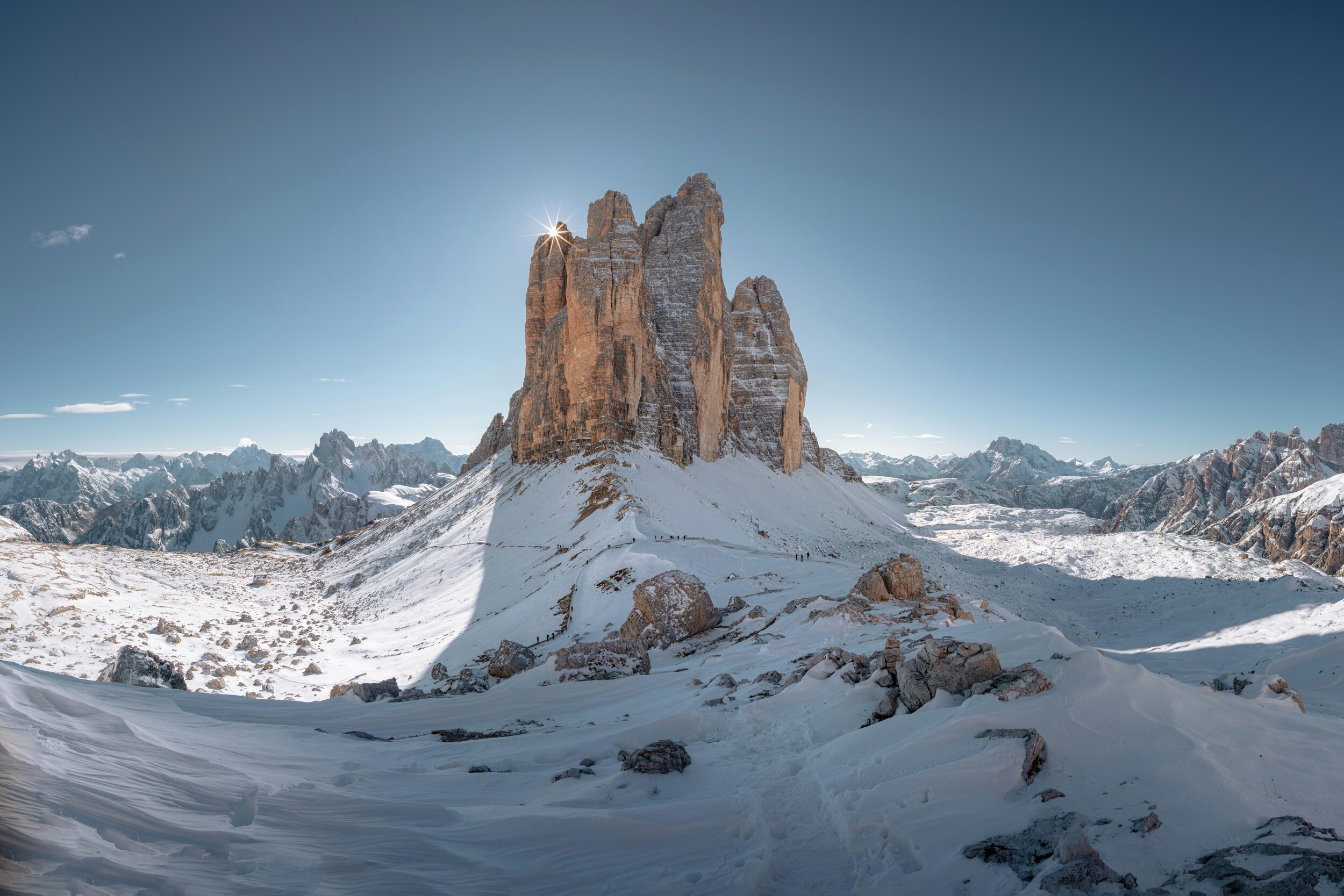 Free-standing peaks surrounded by snow